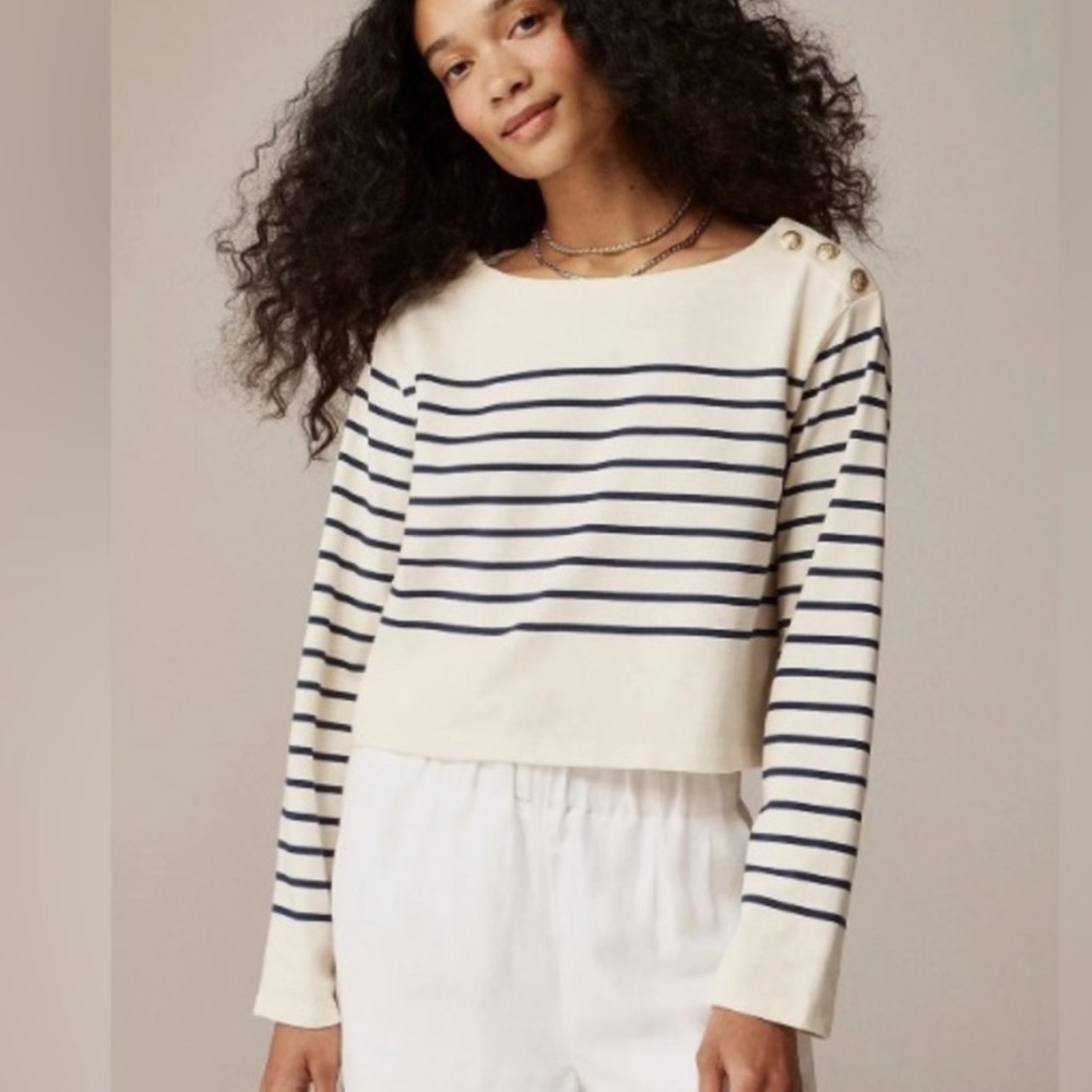 J. Crew Women's Mariner Cloth Boatneck Top Cropped Navy Striped Size XL